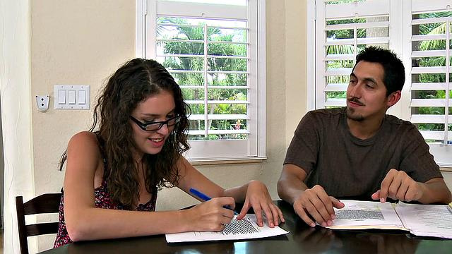 Latina with glasses and thong fucks in POV while getting her bald pussy pounded