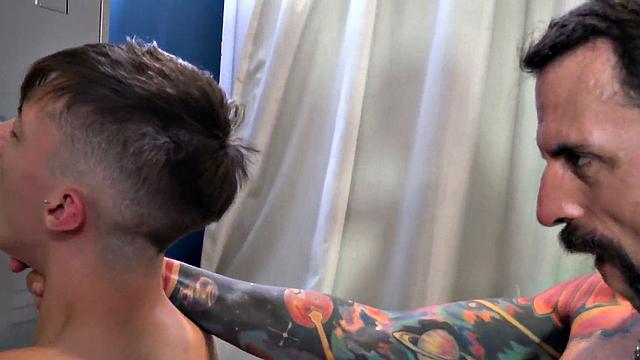 Locker room DILF top fucks in 3some