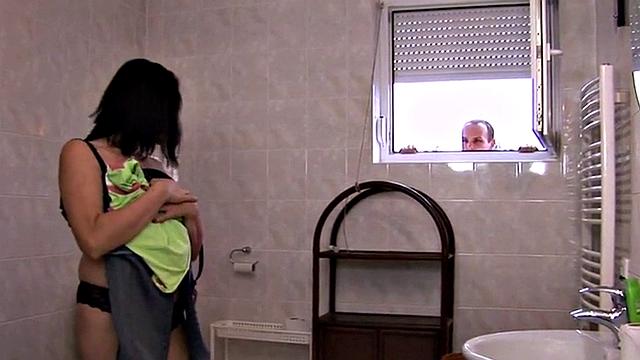 Peeping guy disciplined with ass