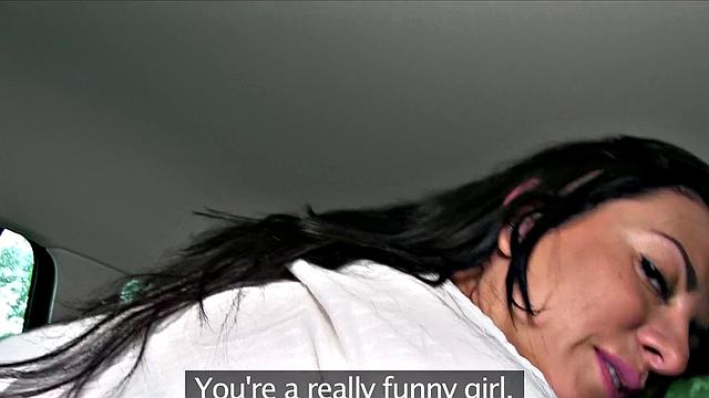 Watch this amateur brunette in shorts get pounded in a car POV-style