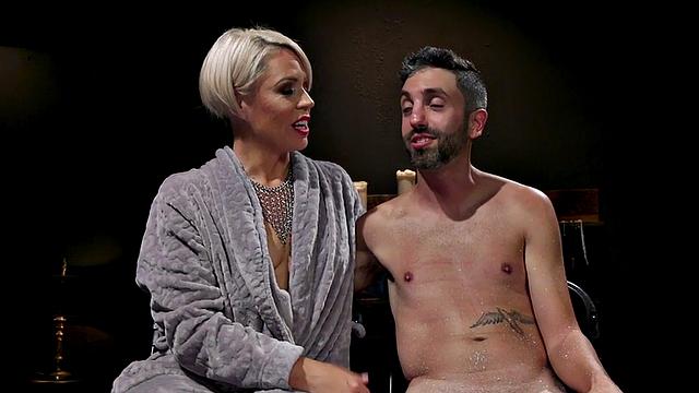 BDSM CFNM latex domina pegs sub with strapon toy