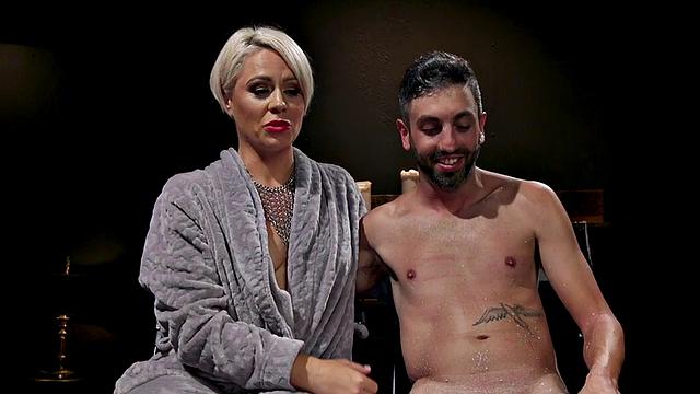 BDSM CFNM latex domina pegs sub with strapon toy