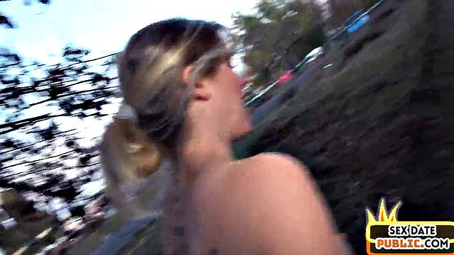 Public tattooed babe gets fucked outdoors after car BJ