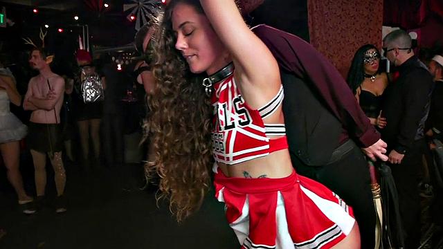 masked slut in leather outfit fucked in public