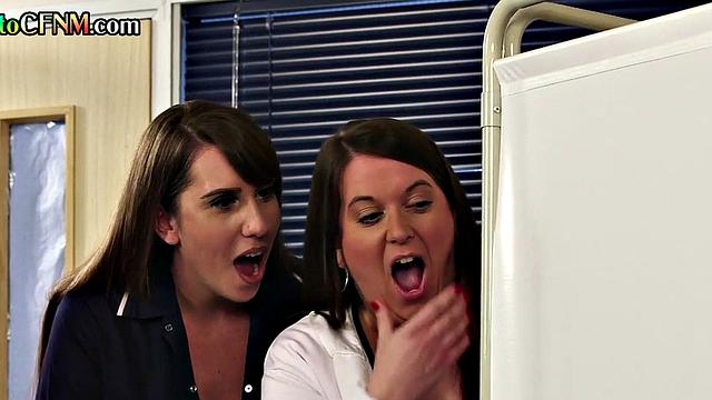 CFNM British amateur nurses suck black penis in threesome