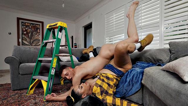 Nerd gets a BJ and a pussy pounding from busty MILF on the couch