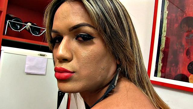 Tgirl Juliana Leal Wanks Her Stiff Cock and Crams Big Dildo Up Her Ass