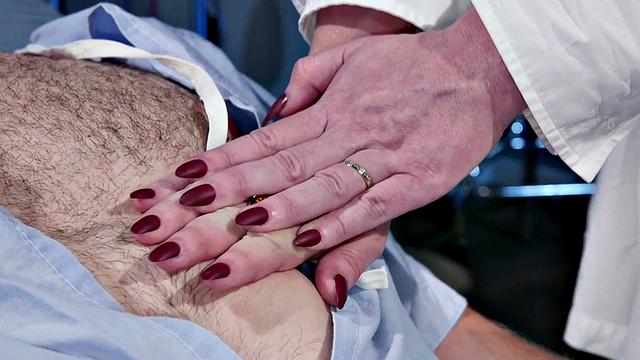 Femdom MILF nurse in gloves facesits and jerks patient