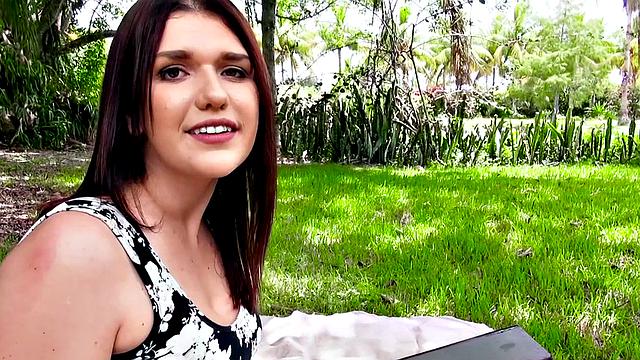 Brunette amateur takes it from behind in park, wearing sexy dress & gives a sloppy POV handjob