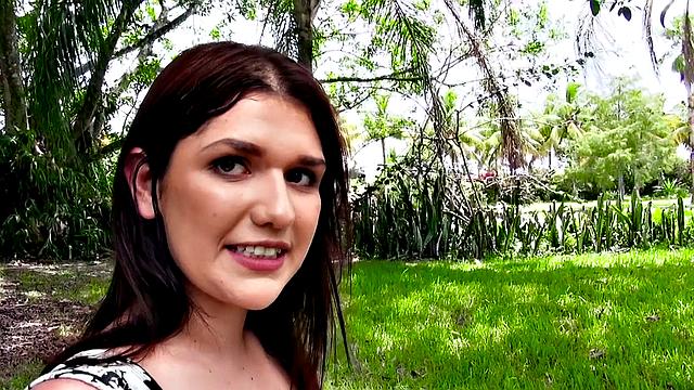 Brunette amateur takes it from behind in park, wearing sexy dress & gives a sloppy POV handjob