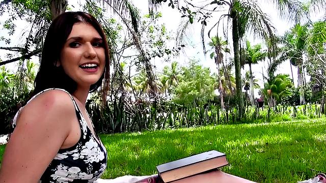 Brunette amateur takes it from behind in park, wearing sexy dress & gives a sloppy POV handjob