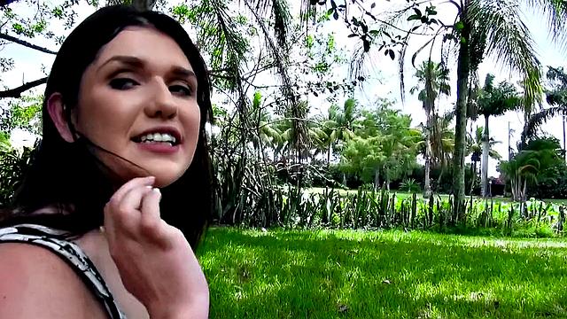 Brunette amateur takes it from behind in park, wearing sexy dress & gives a sloppy POV handjob