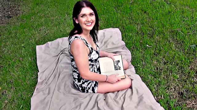 Brunette amateur takes it from behind in park, wearing sexy dress & gives a sloppy POV handjob