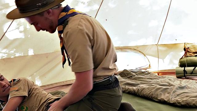 Patrol stud fucks 21yo scout outdoor under tent