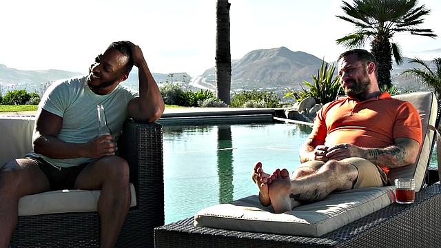 Curly-haired babe in high heels takes on two guys in a wild threesome with kissing and doggystyle action