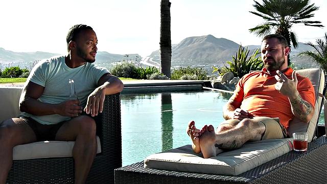 Curly-haired babe in high heels takes on two guys in a wild threesome with kissing and doggystyle action