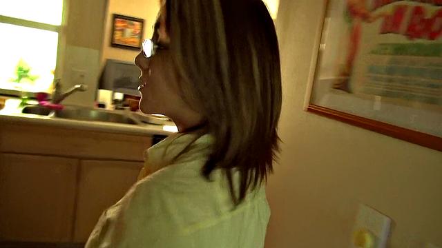 Hot Brown-haired Model for Me gives a steamy blowjob and cowgirl in living room