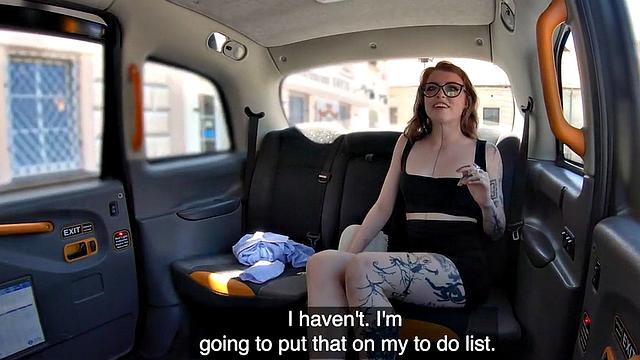 Inked taxi slut rides taxi man in car for a free ride