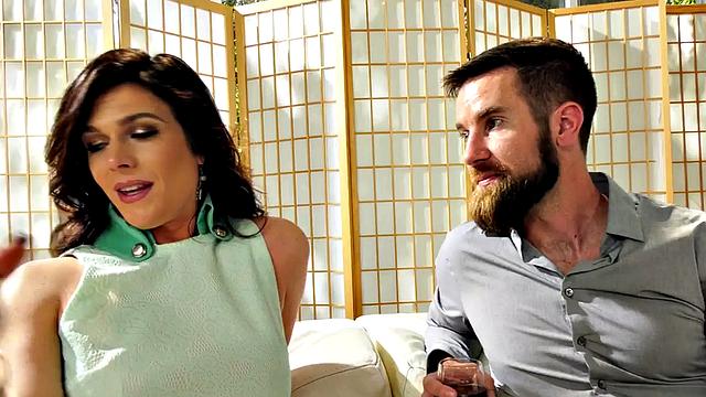 Big-titted brunette with small ass sucks before riding in reverse cowgirl with her man