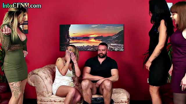 Cockhungry CFNM babes gives BJ to a guy