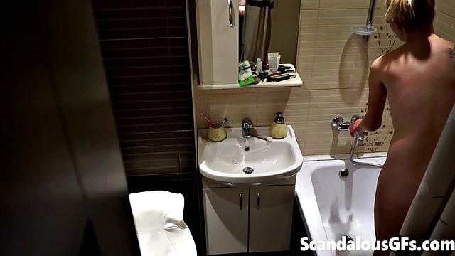 My naked girlfriend washing in the bathroom is exactly what you need to stroke