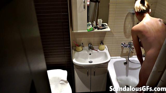 My naked girlfriend washing in the bathroom is exactly what you need to stroke