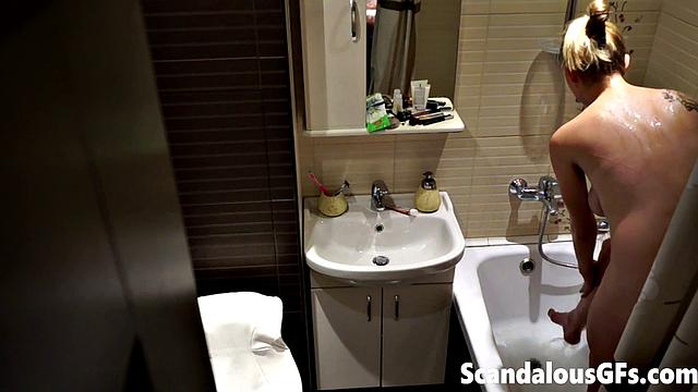 My naked girlfriend washing in the bathroom is exactly what you need to stroke