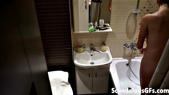 My naked girlfriend washing in the bathroom is exactly what you need to stroke