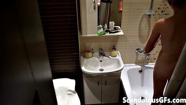 My naked girlfriend washing in the bathroom is exactly what you need to stroke