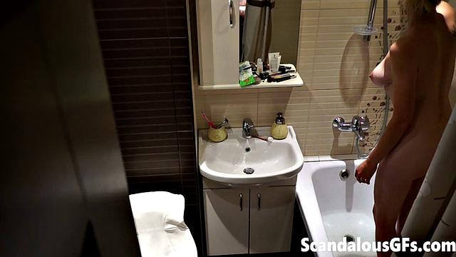 My naked girlfriend washing in the bathroom is exactly what you need to stroke