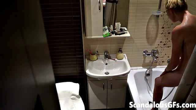 My naked girlfriend washing in the bathroom is exactly what you need to stroke