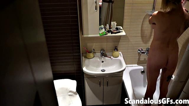 My naked girlfriend washing in the bathroom is exactly what you need to stroke