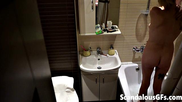 My naked girlfriend washing in the bathroom is exactly what you need to stroke