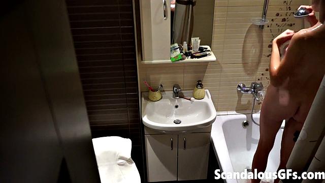 My naked girlfriend washing in the bathroom is exactly what you need to stroke