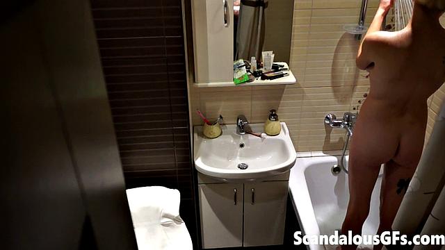 My naked girlfriend washing in the bathroom is exactly what you need to stroke