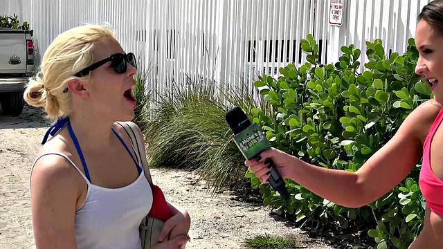 Blonde bombshell with a pierced pussy takes on two dudes for some cash