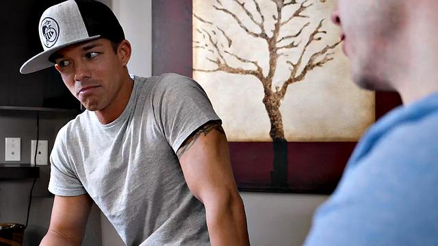 Glasses stud bareback fucked on couch till cumshot