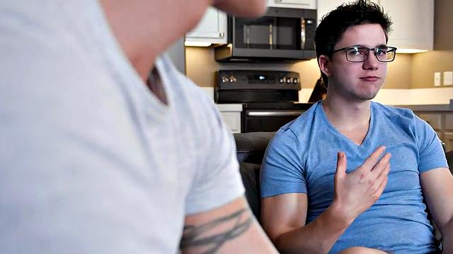 Glasses stud bareback fucked on couch till cumshot