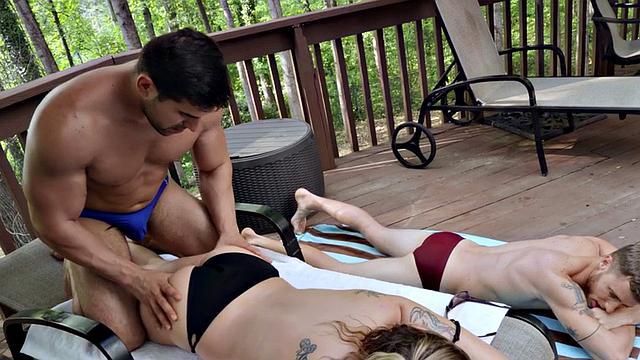 Bisexual outdoor babe 3way fucked after oiled massage
