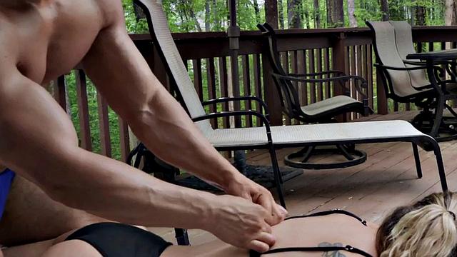 Bisexual outdoor babe 3way fucked after oiled massage