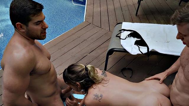 Bisexual outdoor babe 3way fucked after oiled massage