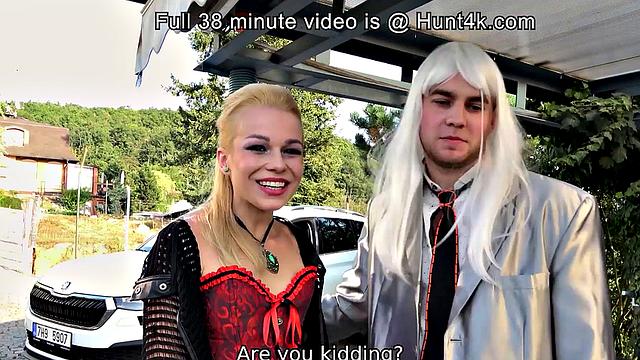 HUNT4K. Beauty in stockings and corset is penetrated in front of husband