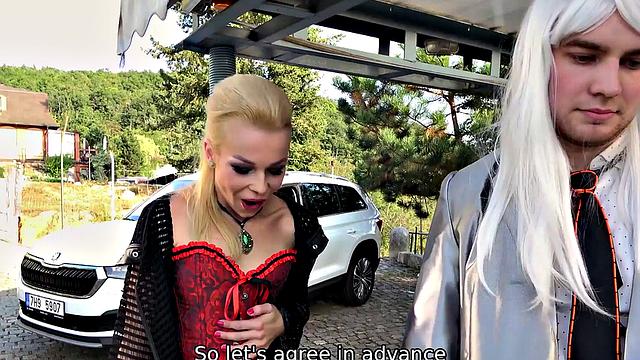 HUNT4K. Beauty in stockings and corset is penetrated in front of husband