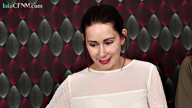 Horny office CFNM babes give BJ to guy