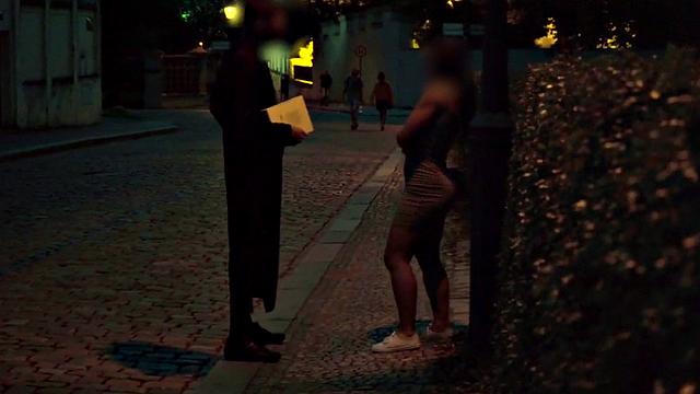 Watch this kinky priest pound a real European whore's tight pussy in the open air