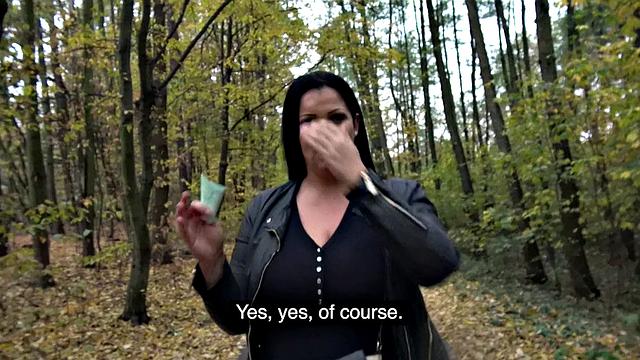 A busty brunette babe take a public pounding in POV with her pierced pussy and huge tits