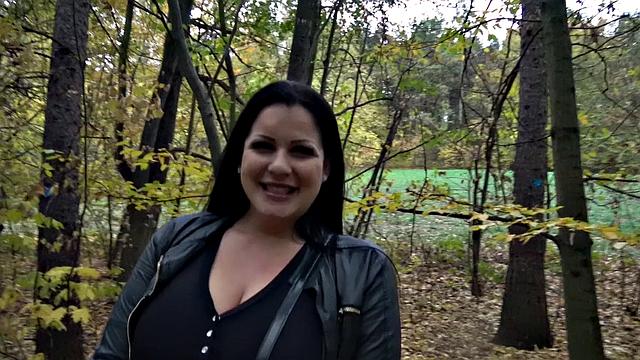 A busty brunette babe take a public pounding in POV with her pierced pussy and huge tits