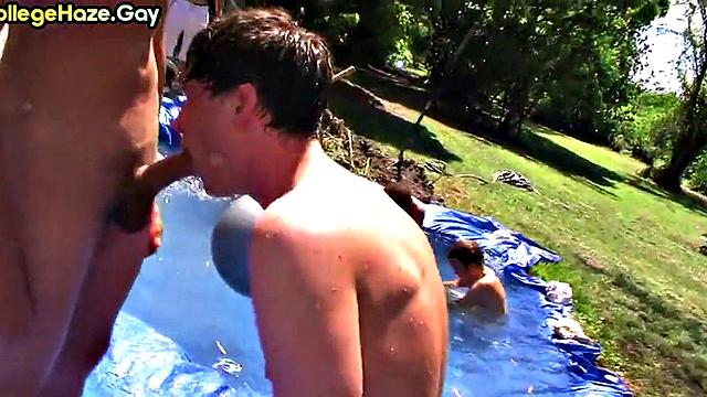 Amateur sucks outdoors in public for college fraternity