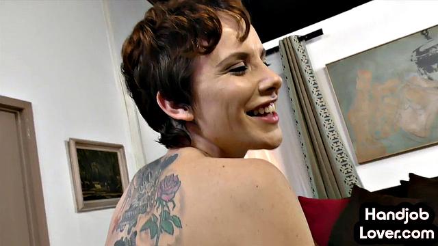 Hairy busty babe wanking BF's cock