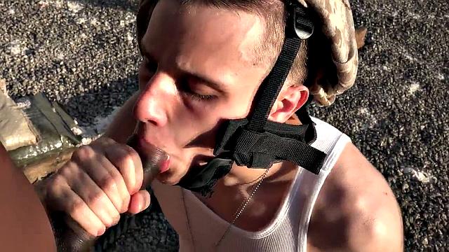 Watch these soldiers go wild in a wild outdoor interracial orgy with a submissive wearing glasses and a black tank top